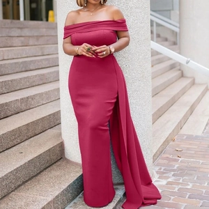 Robe de Soirée Élégante pour Femmes Épaules Dénudées Coupe Ajustée Taille Haute Détail Drapé Latéral Fête Formelle Mariage Bal Maxi