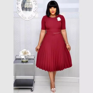 Elegant Women Pleated Midi Dress With Belt Round Neck Short Sleeve Solid Color A-Line Evening Party Office Dress