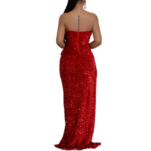 Close-up of high-density red sequins and invisible back zipper on the evening gown