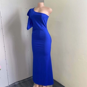 Detailed view of royal blue one-shoulder maxi dress with ruffled sleeve and slim fit design