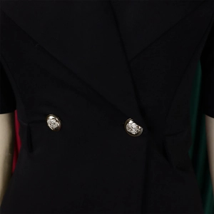 Détail de boutons dorés en relief sur une robe noire à double boutonnage et revers