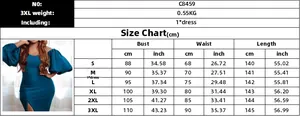 Detailed size chart for off-shoulder slim fit maxi dress with measurements in cm and inches