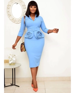 Robe crayon moulante bleu clair élégante avec roses 3D et ceinture pour femmes