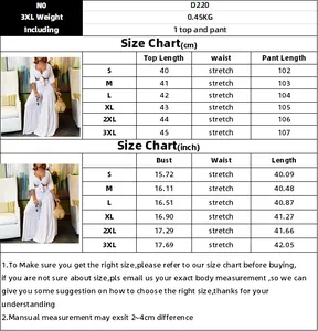 Detailed size chart for women's two-piece set including bust and waist measurements