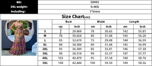 Size chart for floral print maxi dress featuring measurements from S to 5XL