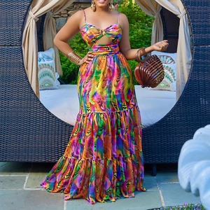 Bohemian Feather Print Cut Out Tiered Maxi Dress Sleeveless Hollow Out V Neck Summer Vacation Party Beach Long Dress