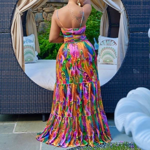 Summer bohemian multi-color feather print halter maxi dress with layered tiered skirt