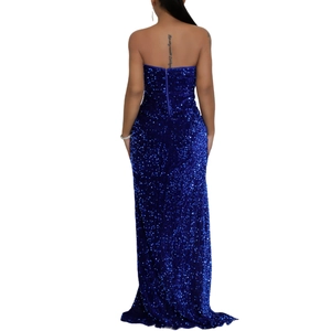 Close-up back view of dark blue sequined floor-length evening gown with hidden zipper closure
