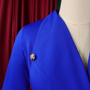 Détail du col d'un blazer bleu royal avec bouton lion doré et texture en sergé