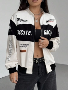 Détails de la veste de course avec imprimé Chicago et fermeture éclair métallique