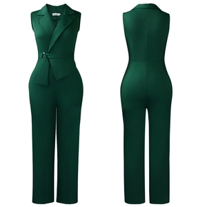 Front and back view of a dark green sleeveless jumpsuit with lapel collar and belted waist