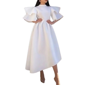 Elegant white mid-length dress featuring layered ruffle sleeves and asymmetric hemline