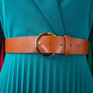 Detail eines braunen Ledergürtels mit goldener Rundschnalle auf dem blauen Faltenkleid