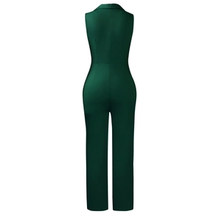 Rear view detail of dark green sleeveless jumpsuit showing suit collar and tailored waistline