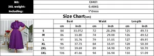 Detailed size chart for elegant purple bow-tie midi dress with bubble sleeves and S-3XL measurements
