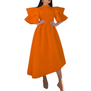Elegant bright orange high neck midi dress with double layered ruffle sleeves and A-line skirt
