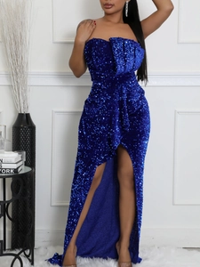 Off-shoulder sequin evening dress in royal blue with side slit and draped neckline