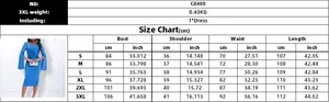 Tableau détaillé des tailles pour la robe C8488 avec mesures en cm et pouces du S au 3XL