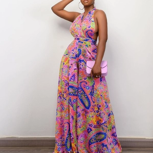 Colorful paisley print halter backless wide leg jumpsuit with deep V-neck for women