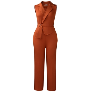 Detail of caramel sleeveless jumpsuit featuring a notched lapel and waist belt buckle