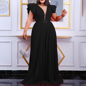Elegant black V-neck jumpsuit with pleated wide legs and ruffled sleeves featuring a belt