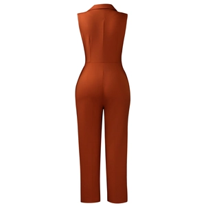 Rear view of a sleeveless caramel jumpsuit with a lapel collar and belted waist detail