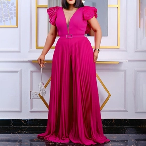 Women's Elegant Deep V-neck Pleated Wide Leg Jumpsuit Mesh Splicing Ruffle Short Sleeve Banquet Belted Jumpsuit Party Outfit