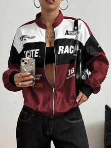 Veste de course vintage pour femme avec patchwork rouge et noir et imprimé speedway