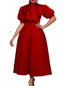 Elegant dark red A-line maxi dress with high neck, large bow tie and puff sleeves