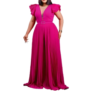 Deep V-neck pleated jumpsuit with ruffles and wide legs in vibrant rose pink color