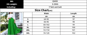 Size chart for pleated green maxi skirt with belt showing measurements from S to 3XL