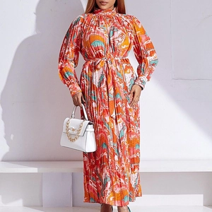 Women's Vintage High Neck Long Sleeve Pleated Maxi Dress Abstract Floral Printed Elegant Belted A-Line Party Long Dress