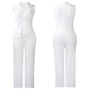 Detail of white sleeveless jumpsuit featuring v-neck lapel and waist belt with silver buckle