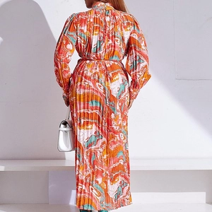 Long-sleeve pleated maxi dress with abstract marble print and a belted high neck design