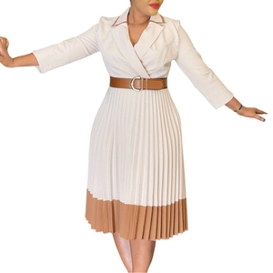 Detail eines eleganten zweifarbigen Plisseekleids mit Reverskragen und Taillengürtel