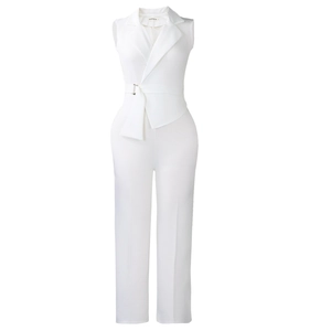 Detail of white sleeveless jumpsuit featuring notched lapels and belted waist with metal buckle