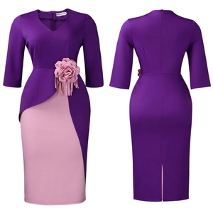 Detailed front and back views of V-neck dress with floral waist and tassel accents