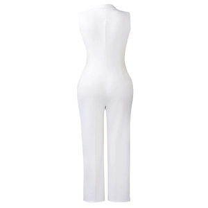 Rear view of sleek white sleeveless jumpsuit showing high waist cut and tailored structure