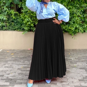 Elegant black pleated maxi skirt with a matching belt and fine flowing drapes
