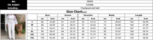 Detailed size guide table for women's long sleeve jumpsuit with waist belt and lace details