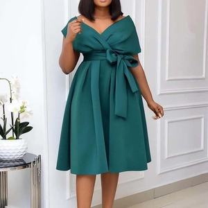 Women Elegant V Neck Short Sleeve Pleated Midi Dress Bow Tie Waist A Line Solid Color Party Evening Prom Gown