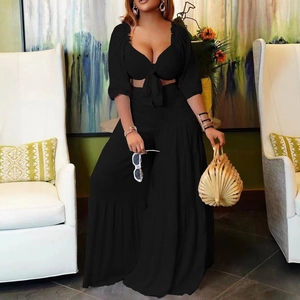 Women's black casual two-piece set with tie-front V-neck crop top and wide-leg trousers