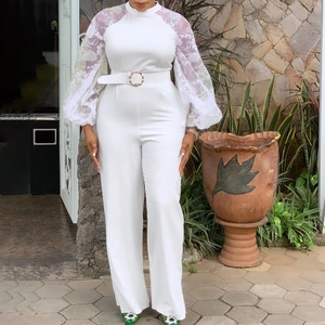 Elegant White Lace Patchwork Jumpsuit Women Stand Collar Lantern Long Sleeve Slim Fit Straight Leg Jumpsuit With Belt Party Wear