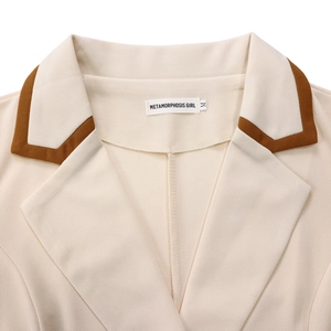 Detail des Reverskragens mit braunem Kontrastrand am beigen, plissierten Kleid