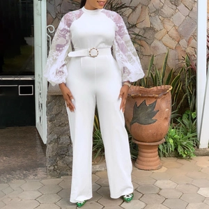Elegant white lace lantern sleeve jumpsuit with high neck and belted waist design