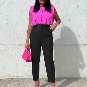 Women's business casual set featuring fuchsia sleeveless top and black high waist trousers