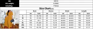 Size chart for off-shoulder pleated maxi dress from S to 3XL with detailed measurements