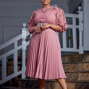 Women Lace Hollow Out Midi Dress Elegant Seven Quarter Lantern Sleeve High Waist Pleated Dress With Belt For Party Evening
