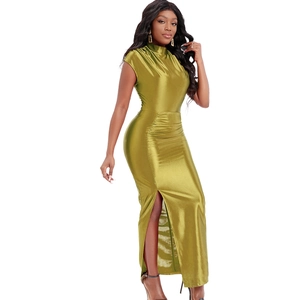 Detail of elegant olive green satin high-slit dress with waist pleated texture