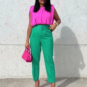 Women Fashion High Waist Tapered Pants With Belt Solid Color Slimming Office Casual Trousers Elegant Lady Spring Bottoms